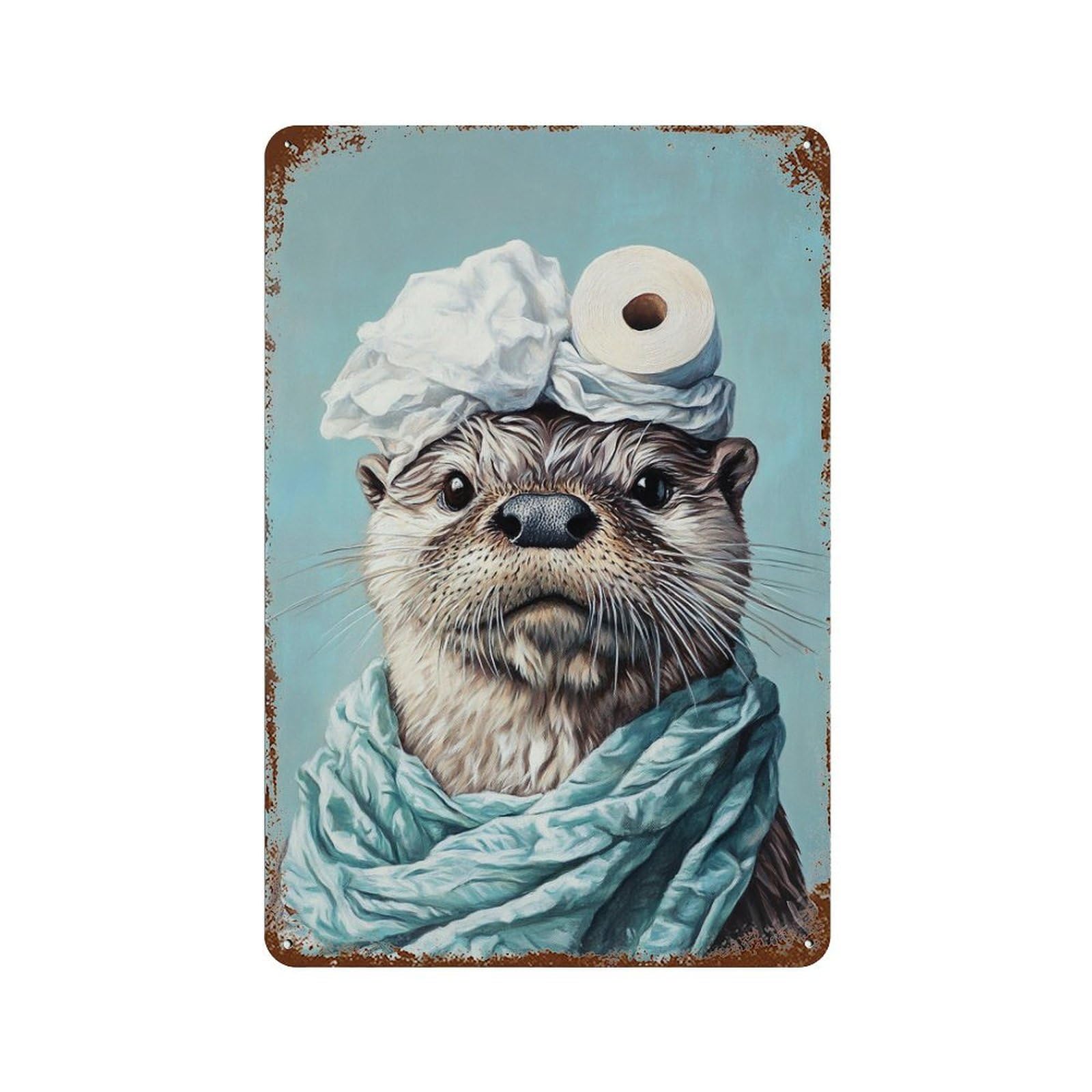 Garage Style Otter with Toilet Paper Hat Rustic Tin Plaque 11.8"x7.9", Farmhouse Wall Decor for Bar And Workshop