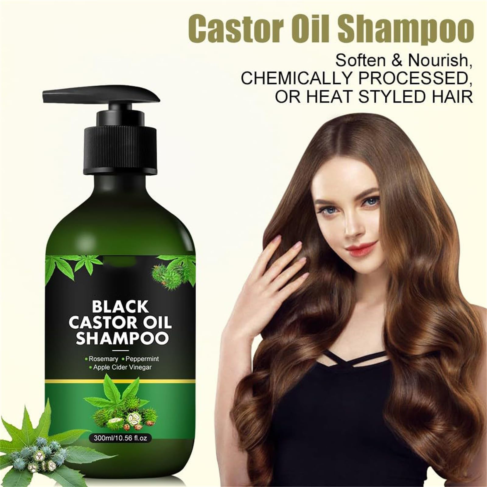 Champú de aceite de ricino negro, champú suavizante con control de aceite, repara el cabello seco dañado, da volumen para cabello fino, reduce el encrespamiento, mejora el brillo (2pcs)