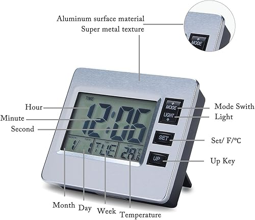 Miniatura 3 de MiDube Reloj despertador digital para dormitorio, para personas mayores, aula, cocina, mesa, temporizador, 12/24 horas, fecha, semana, termómetro