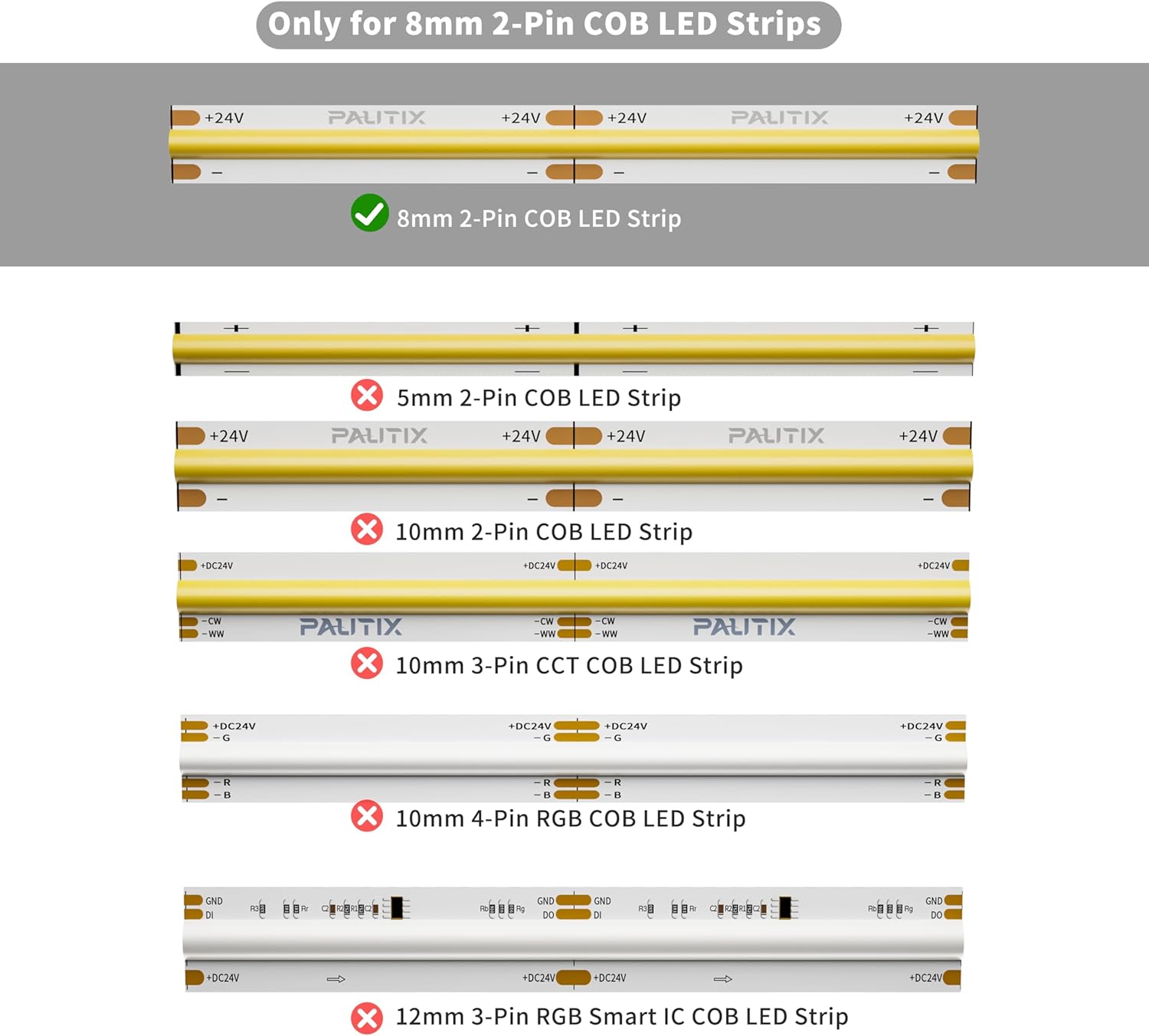 PAUTIX 8mm Connectors for 2-Pin COB LED Strip Lights,4pcs Transparent Gapless Connectors,4pcs Dual End,1pc Single to DC Female Plug 7.9in Extension Wire,2pcs L-shaped Connectors,1pc T-shaped Connector - Image 7
