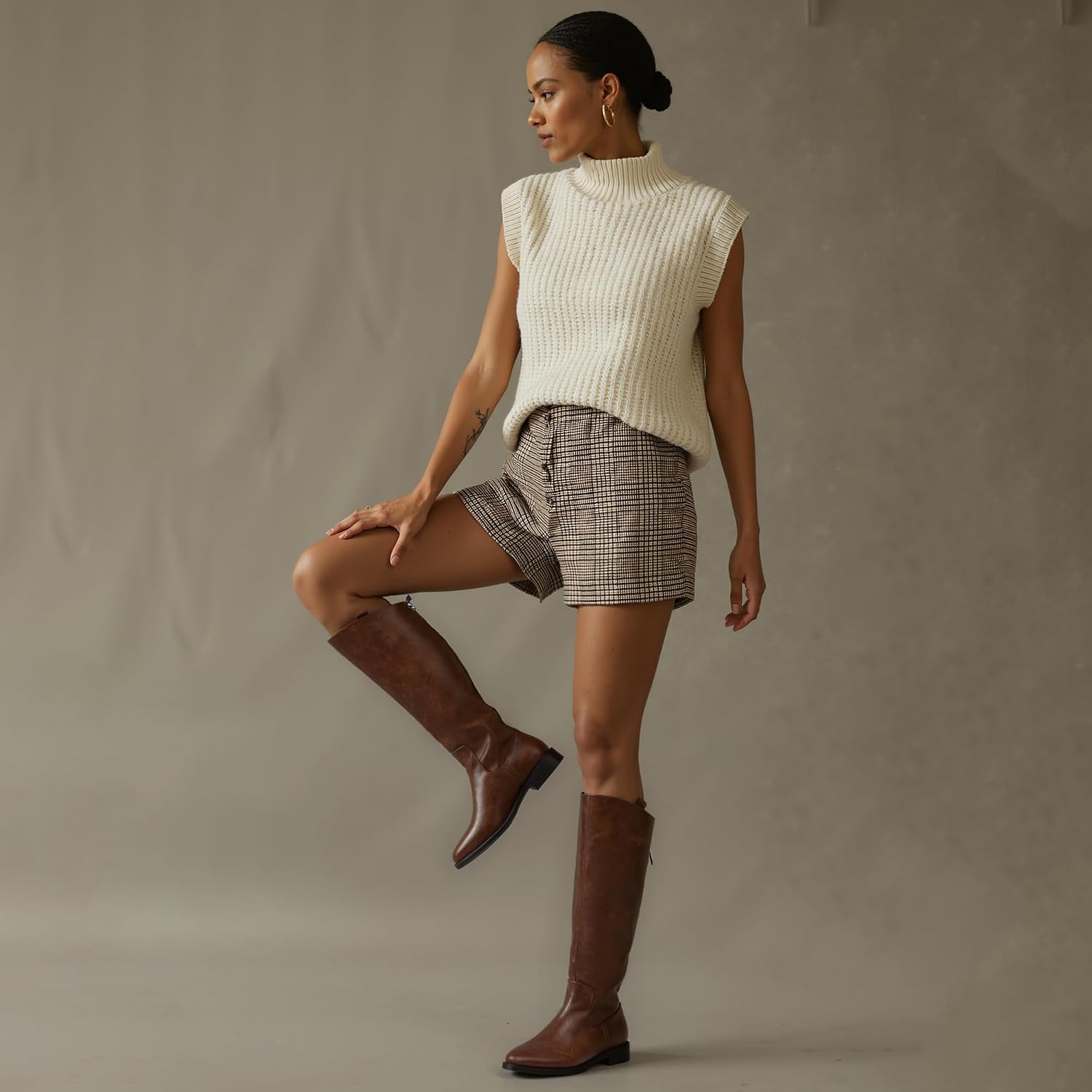 Modatope Knee High Boots Women Rounded Toe Flat Retro Bais Opening Low Chunky Heel Riding Boots