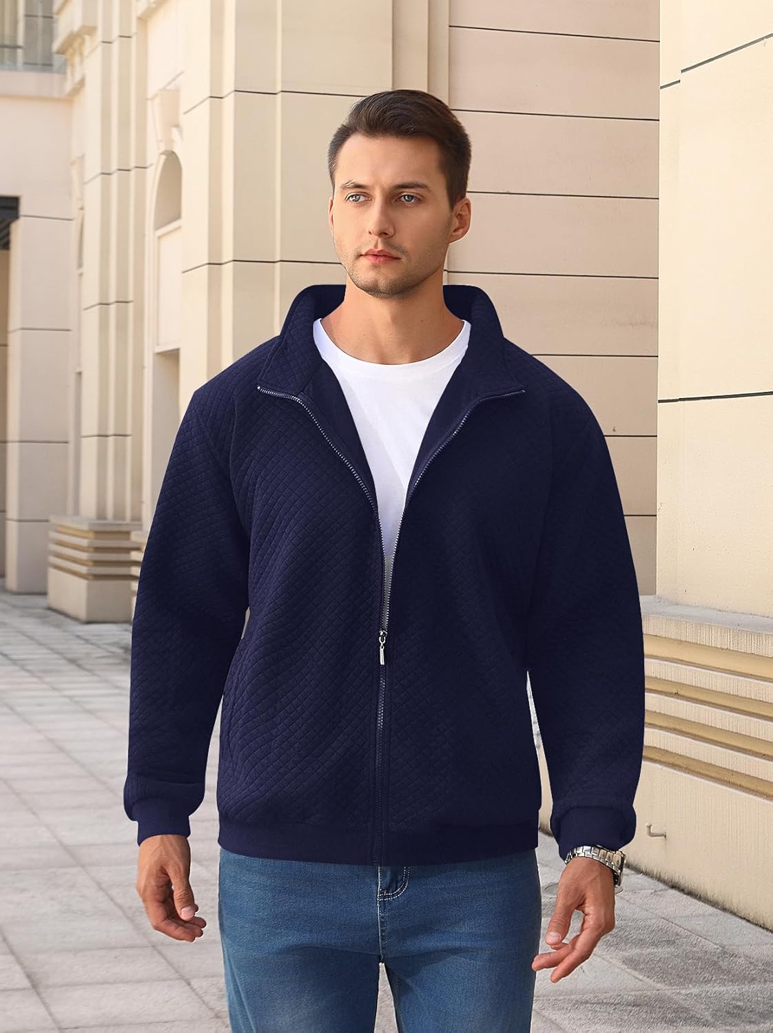 Mens Sweatshirt Full Zip Up Mock Neck Quilted Jacket Sweatshirt for Men Lightweight Casual Sweater with Pocket - Image 3