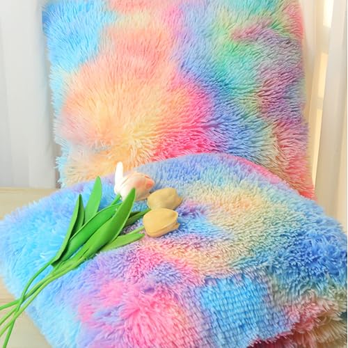 Miniatura 4 de Almohadas esponjosas para decoración de habitación de niña para cama, funda de almohada suave de piel sintética para sofá rosa arcoíris, juego de 2