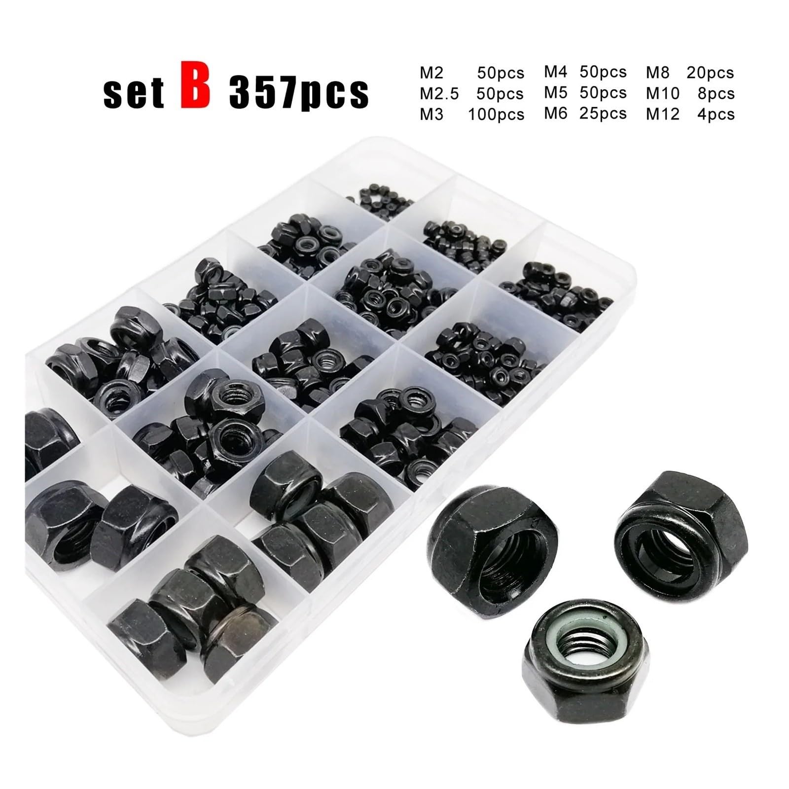 ZS Hardware Zestaw asortymentowy z nakrętką zabezpieczającą z wkładką nylonową M2-M12, sześciokątną ze stali węglowej(Set B 357pcs)