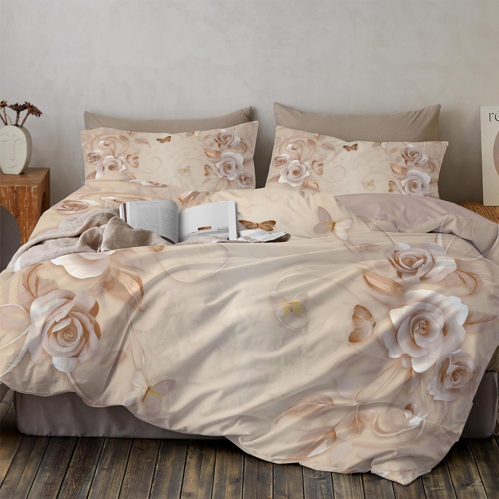 Housse de couette 220x240 microfibre parure de lit 2 personnes avec taies 65x65 romance rose