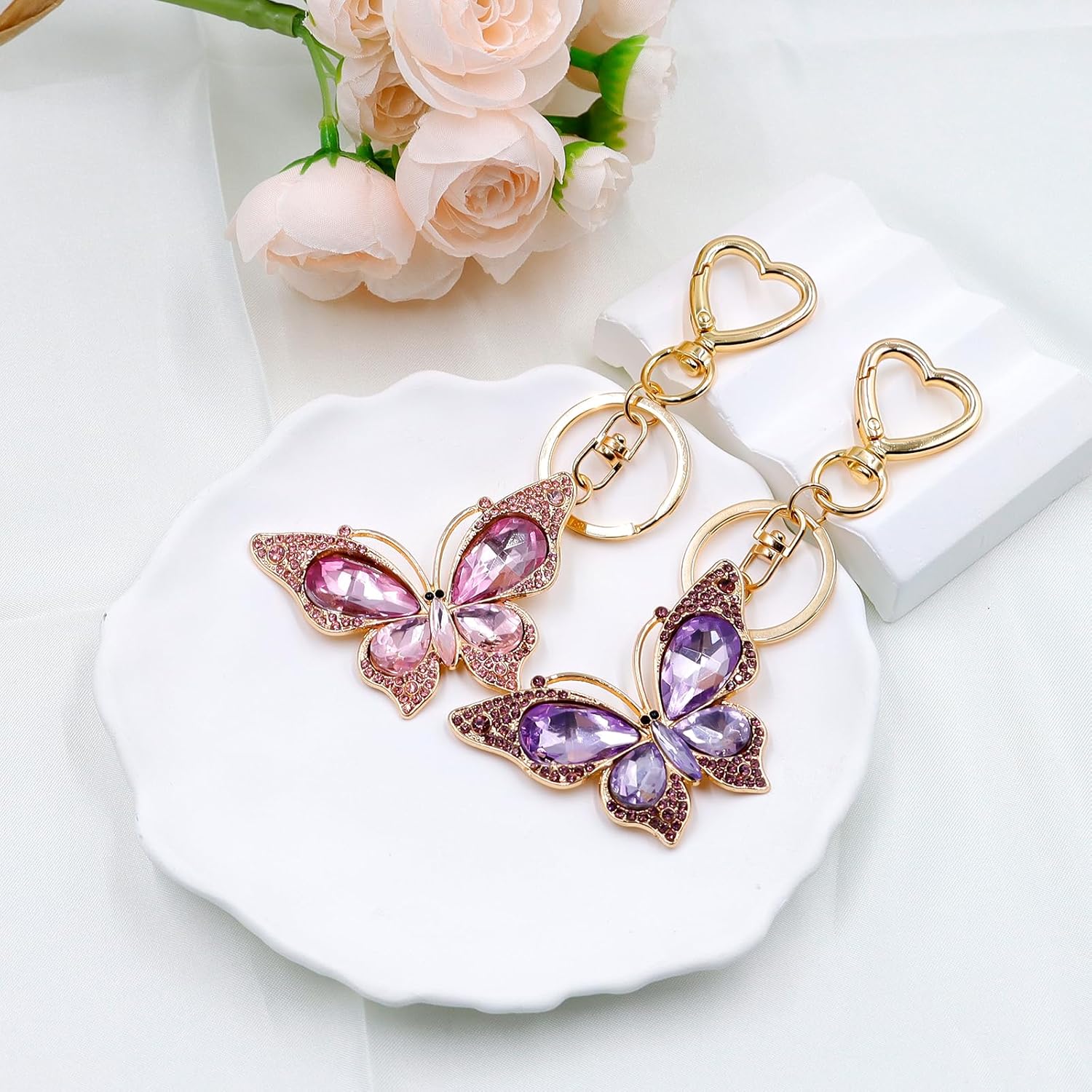 2pcs Butterfly Keychain Charms, Purse Bag Backpack Handbags Charms Butterfly Rhinestone Pendant, Cute Keychain Keyring Accessories for Women (Pink and Purple) - Image 8