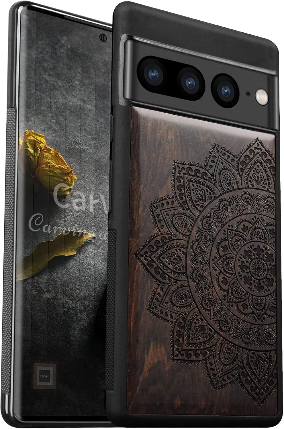 Carveit Wood Case for Pixel 7 Pro Case [Natural Wood & Black Soft TPU] Shockproof Protective Unique & Classy Wooden Cover Compatible with Google Pixel 7 Pro (Mandala Floral-Blackwood)