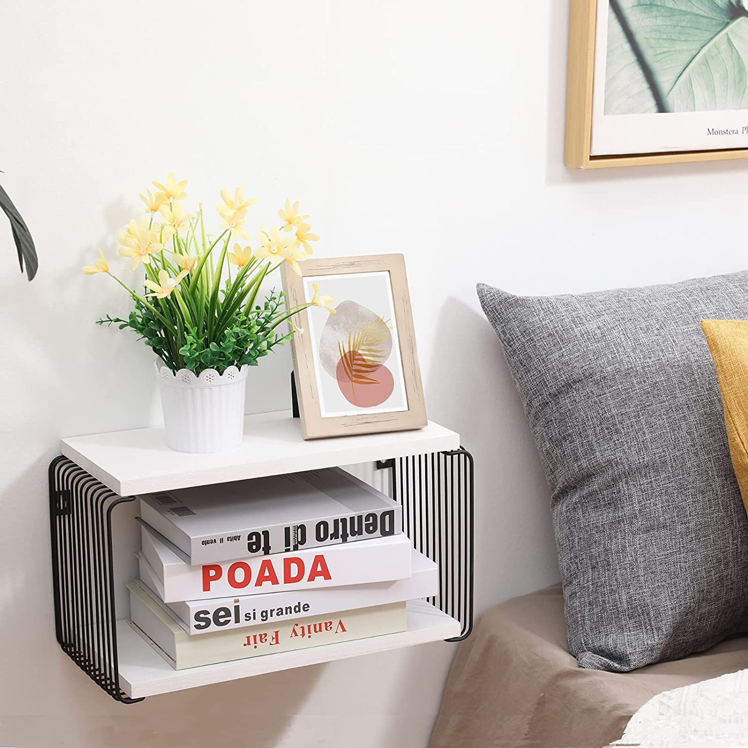 INDIAN DECOR 48457 Floating Nightstand Wall Mounted Nightstand Wood Bedside Shelf 2 Tier Floating Wall Shelf Floating Table End Table in Bedroom, Living Room, Kitchen, Office, White Top/Black Frame-image-2