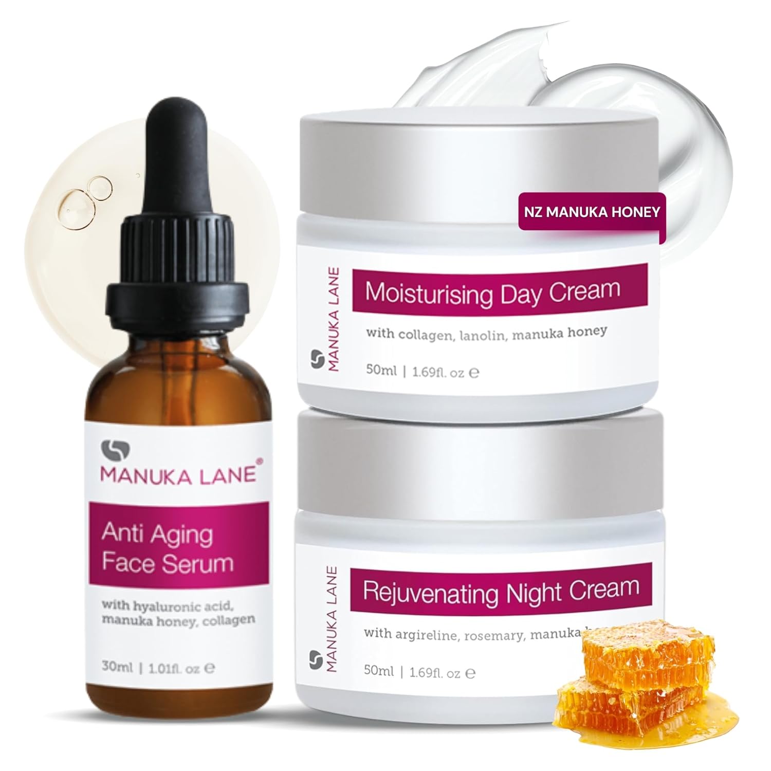 Manuka Honey Complete Skin Care Regimen | Includes (1) Moisturising Day Cream, (1) Anti Face Serum, (1) Rejuvenating Night Cream | Powerful, Safely Derived, and Natural Ingredients.