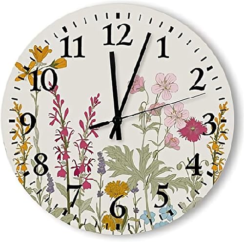 Miniatura 1 de Reloj de pared redondo de madera de granja con flores y plantas silvestres, decoración de pared de 10 pulgadas, funciona con pilas, reloj de pared