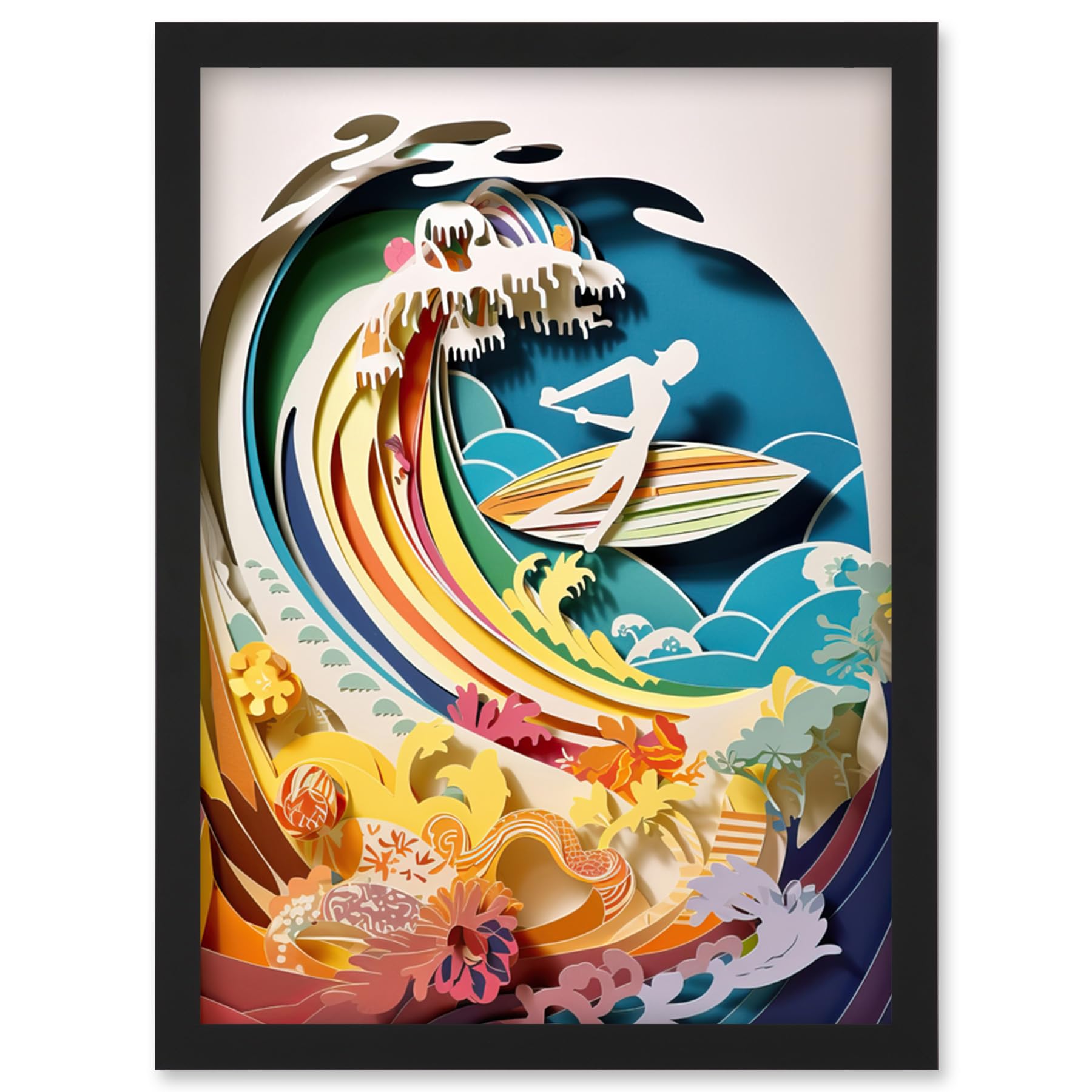 Artery8 Rainbow Kirigami Surfer Surfing Coastal Landscape Artwork Framed Wall Art Print A4