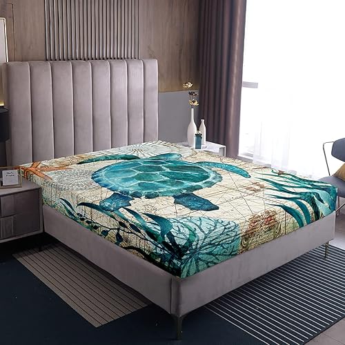Miniatura 2 de Juego de ropa de cama de 4 piezas con temática de tortuga marina, juego de sábanas de 4 piezas con temática de playa oceánica para niños y