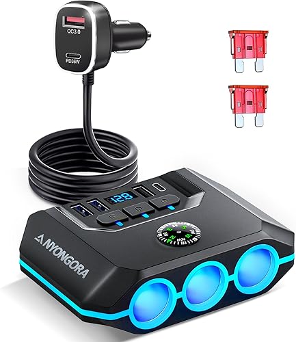 Miniatura 7 de Divisor de encendedor de cigarrillos 7 en 1, adaptador de cargador de coche de 120 W, 12 V/24 V, 3 enchufes e interruptores independientes, 4