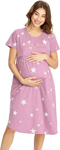 LOTIK Women's Cotton Star Printed Maternity Night Suit set &amp; Feeding Calf Length Short Nighty