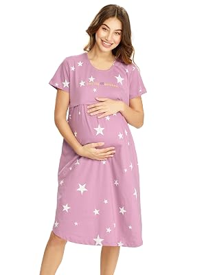 LOTIK Women's Cotton Onion Star Printed Maternity & Feeding Calf Length Short Nighty 1037-L