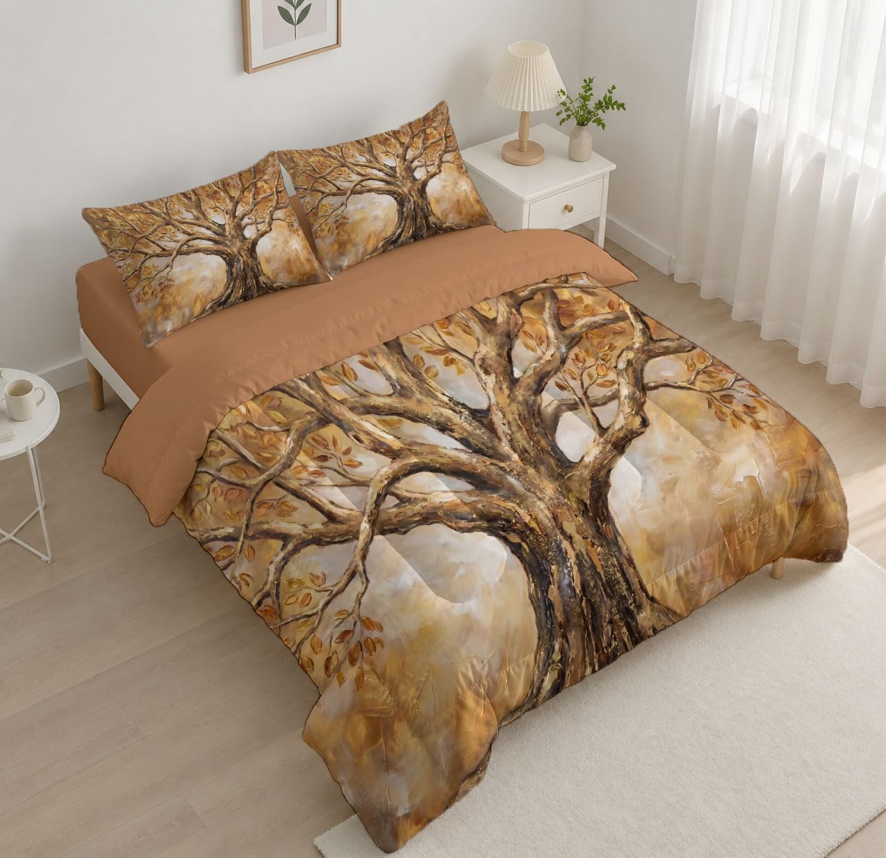 Copriletto Trapuntato Per Bambini Con Albero Autunnale Del Ringraziamento | Trapunta Matrimoniale Invernale, Oro, Piumone Caldo Morbido Dipinti Botanici Ad Olio D'Epoca Per Decorazione Camera Da Letto