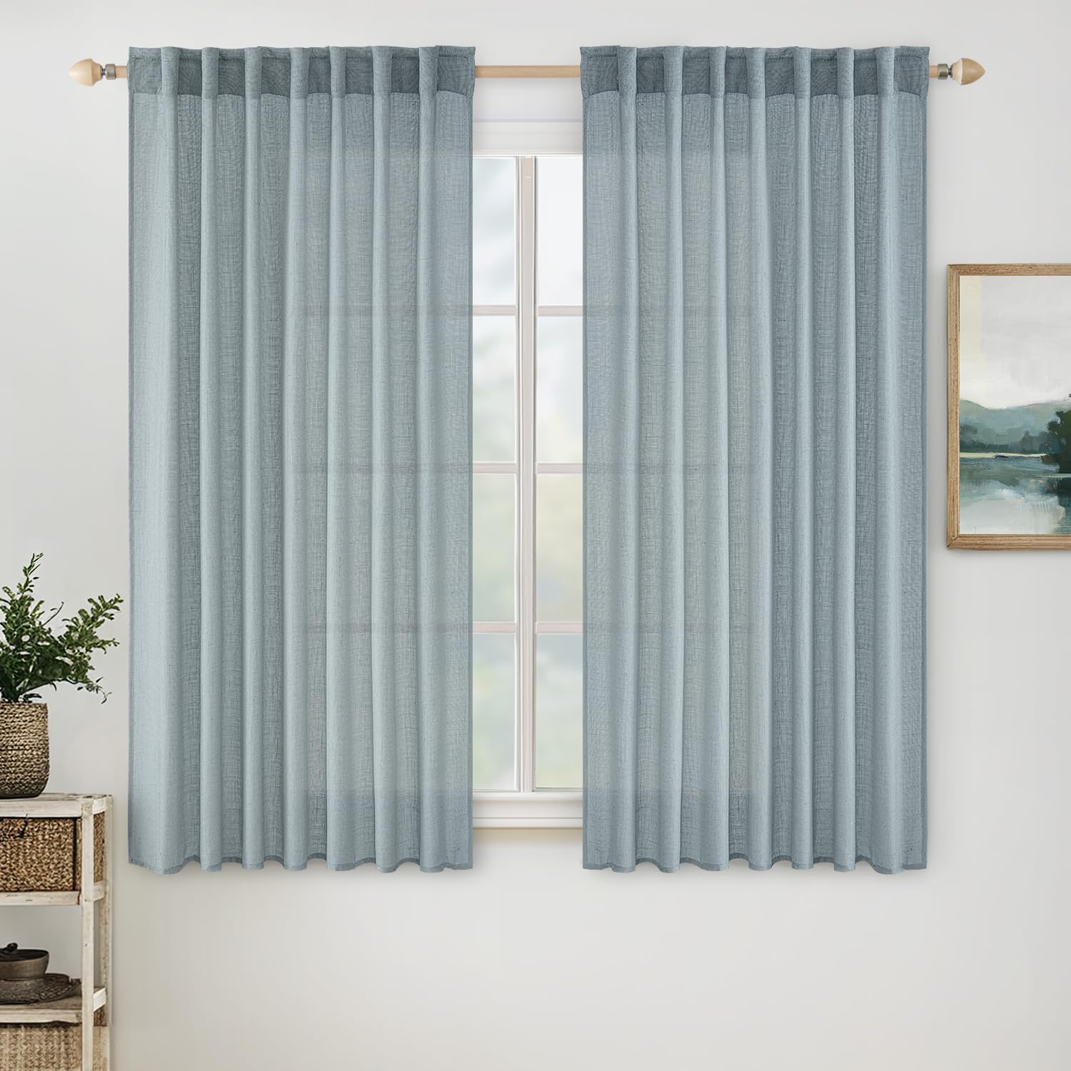 MIULEE Brown Linen Curtains 84 Inch Length for Bedroom Living Room, Soft Thick Linen Textured Window Drapes Semi Sheer Light Filtering Back Tab Rod Pocket Burlap Look Farmhouse Decor, 2 Panels: 52"W x 45"L (Pack of 2) Stone Blue