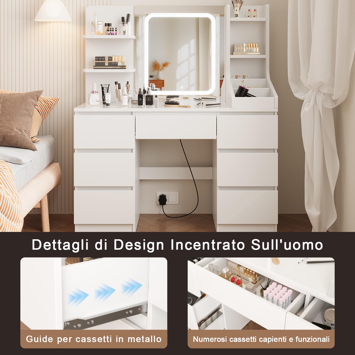 Devoko Toeletta da Trucco con 7 Cassetti, Postazione Trucco con Specchio a LED, Luminosità Regolabile,Tavolo da Toeletta con 4 Ripiani Aperti,per la Camera da Letto, Bianco