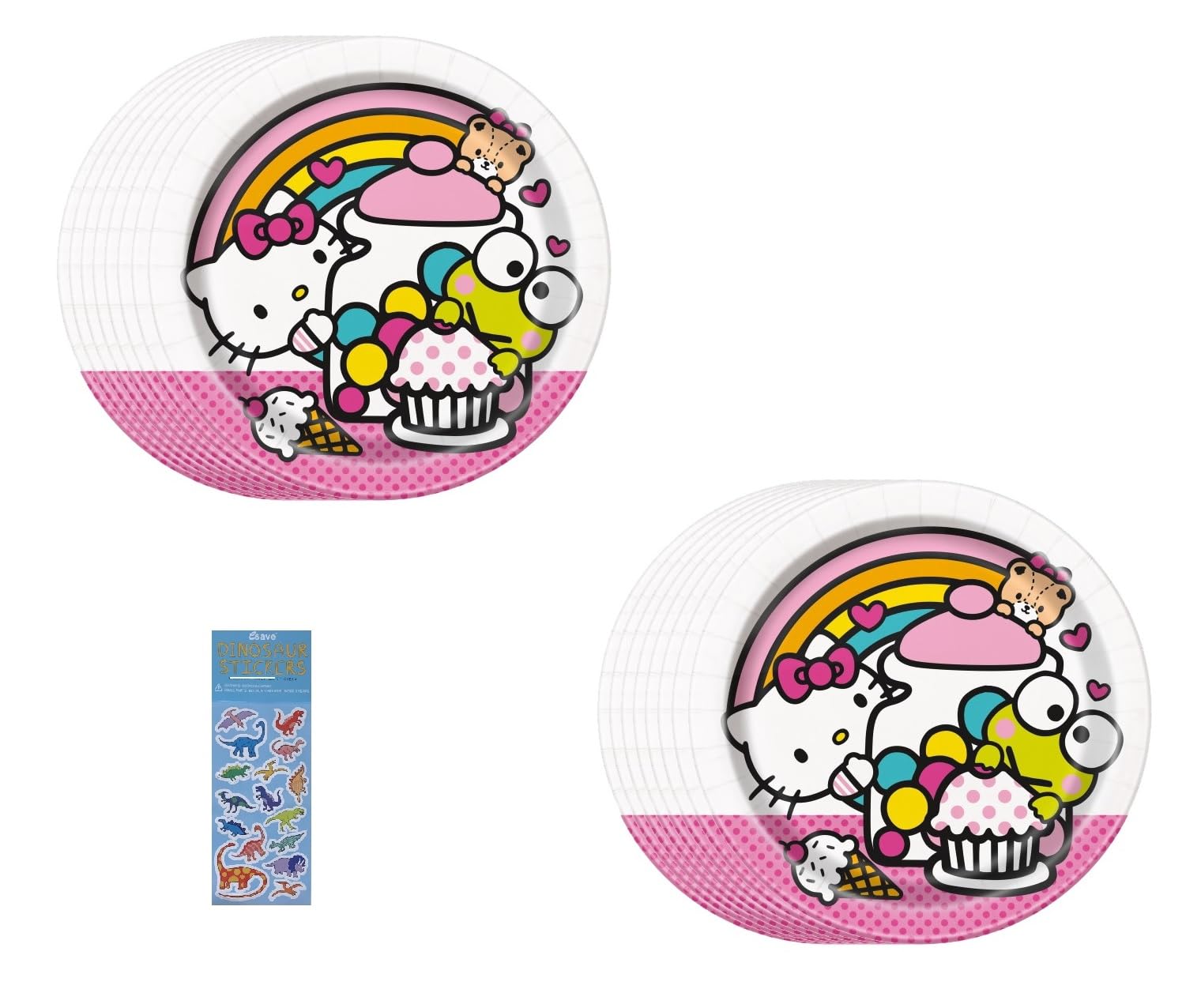 Hello Kitty Birthday Party Supplies Bundle includes 16 Dessert Cake Plates and 1 Dinosaur Sticker Sheet