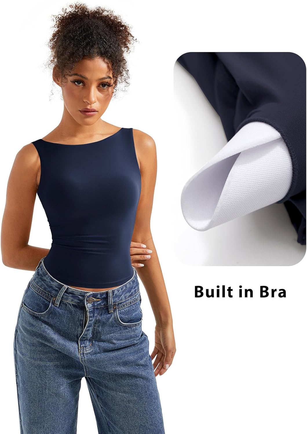 SUUKSESS Women Padded Open Back Boat Neck Tank Tops Double Lined Basic Shirts - Image 3