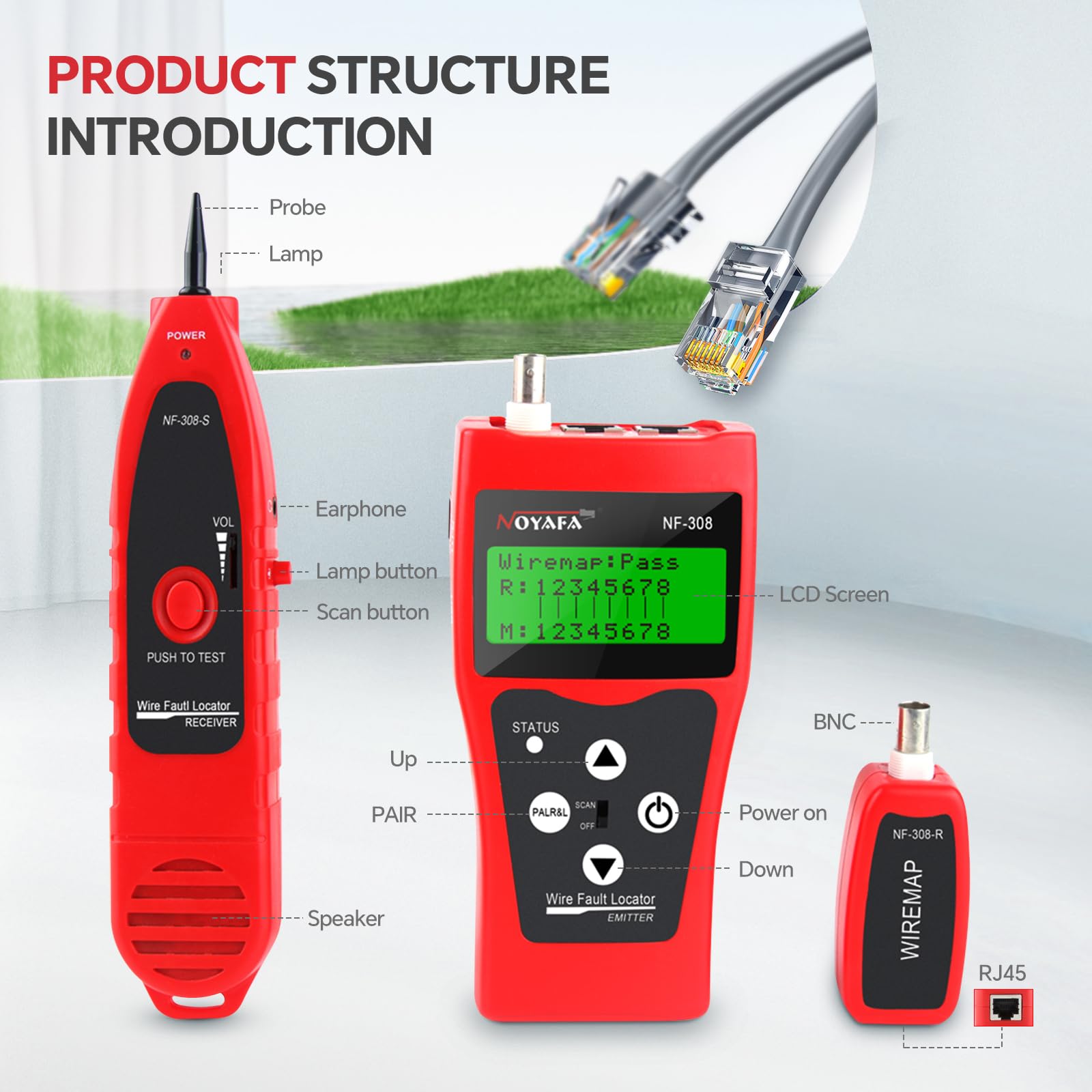 NOYAFA Cavo di rete Tester NF-308S, test di lunghezza LAN, Ethernet Cable Tracker per RJ45 e RJ11
