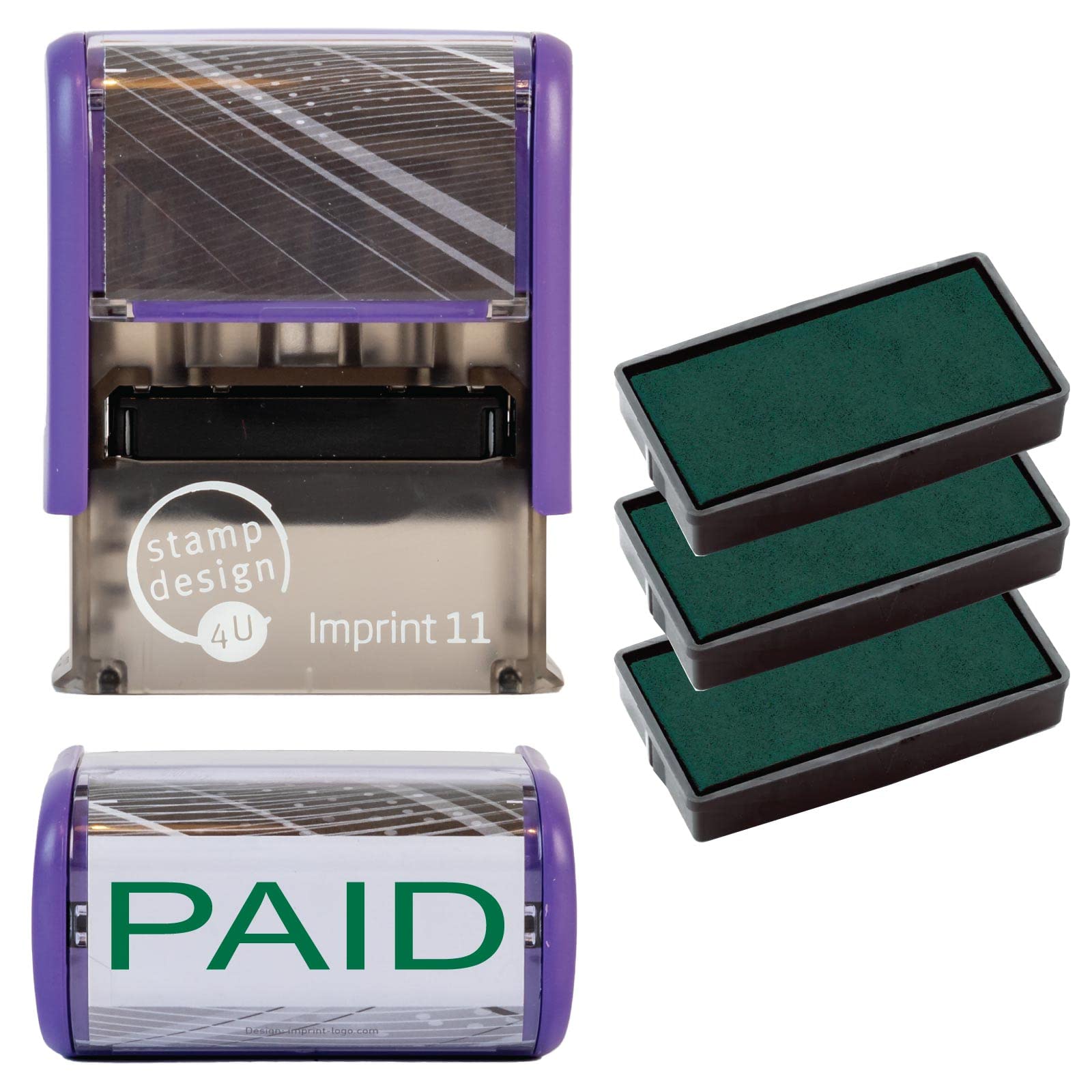 Paid Rubber Stamp Self Inking (Green Ink) - SD4U Imprint 11 38 x 14mm - Capital Bold Lettering to Ink Your Paid Documents (Green, Stamp + 3 Spare Ink Pads)