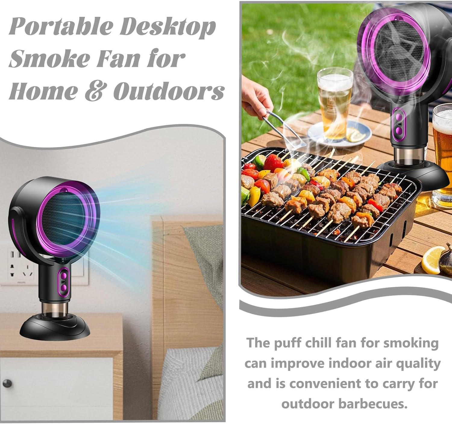 Puff Chill Fan for Smoking, The High Fan for Smoking with 2 Speed Adjustment, Separate Oil Fumes & Easy to Clean, Portable Desktop Smoke Fans for Kitchen Indoors Barbecue, Gifts for Men Women (purple)