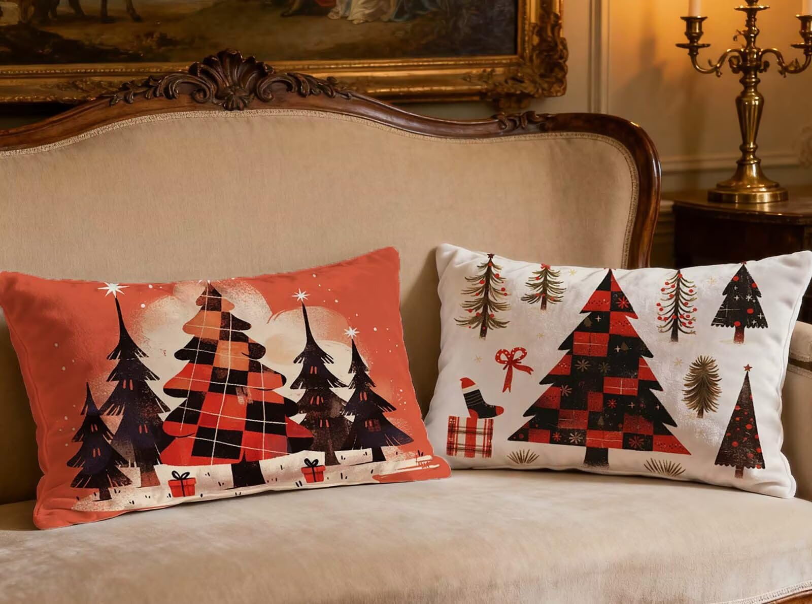 Housse de coussin arbre de Noël 40x80cm velours crème lot de 2 O-180P