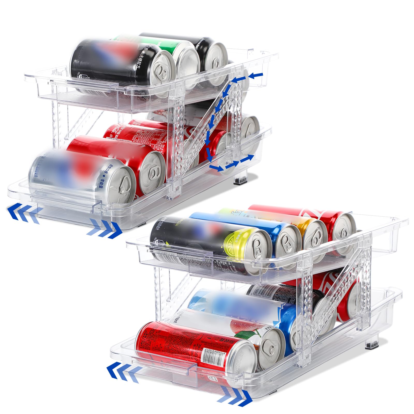 Soaoo 2 Pcs Width Adjustable Rolling Soda Can Organizer for Refrigerator Expandable Beverage Dispenser Clear 2 Layer Automatic Rolling Pop Cans Beverage Holder Storage Rack Container, Width 6.22-9.4"