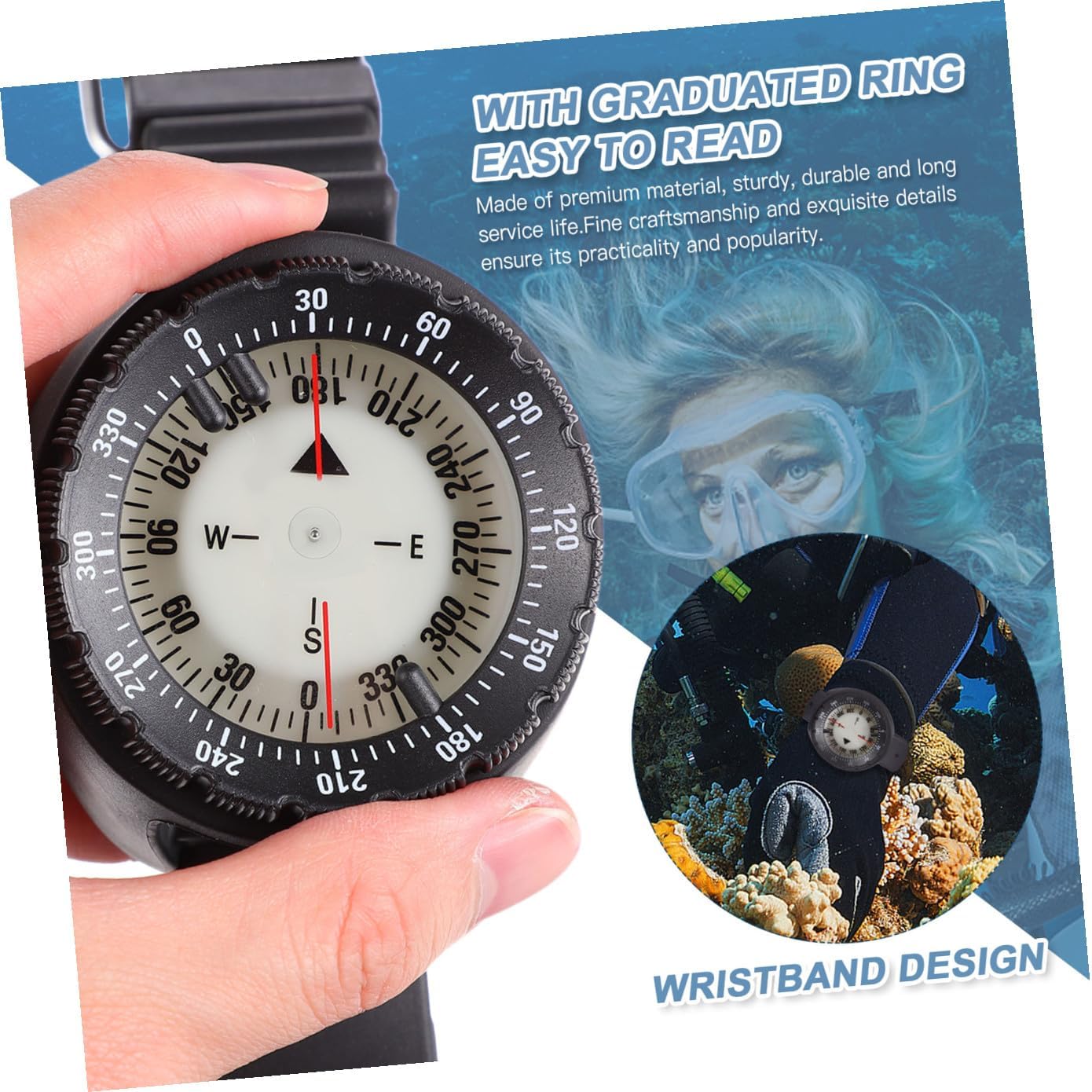 Waterproof Luminous Wristband Compass Watch with Balance Design for Outdoor Navigation and Diving Sports