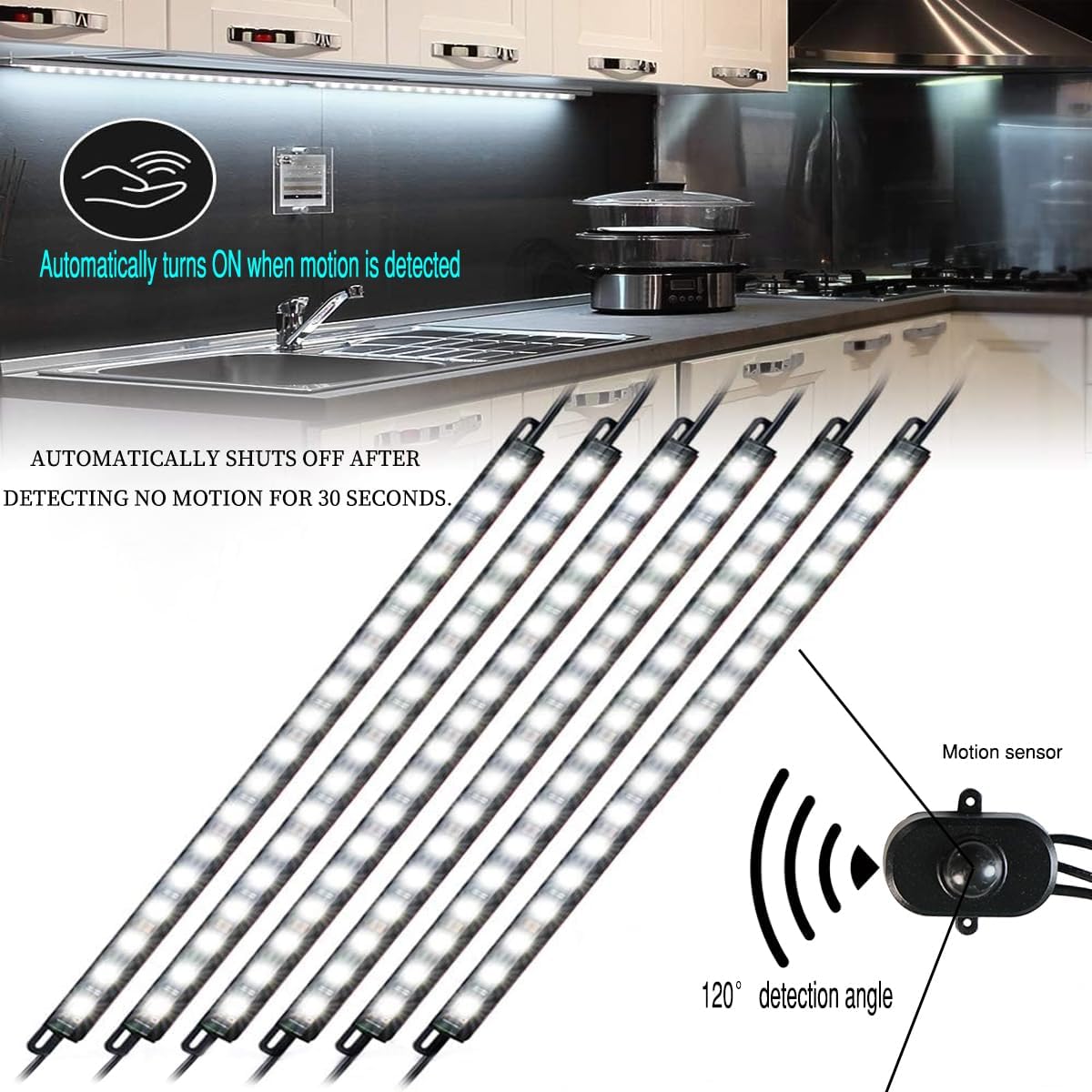 LED Safe Lighting Kit, Motion Activated 6 Pack 12 Inch Linkable Light Bars with Power Adapter for Under Cabinet Gun Safe Locker Closet Showcase, 6000K White