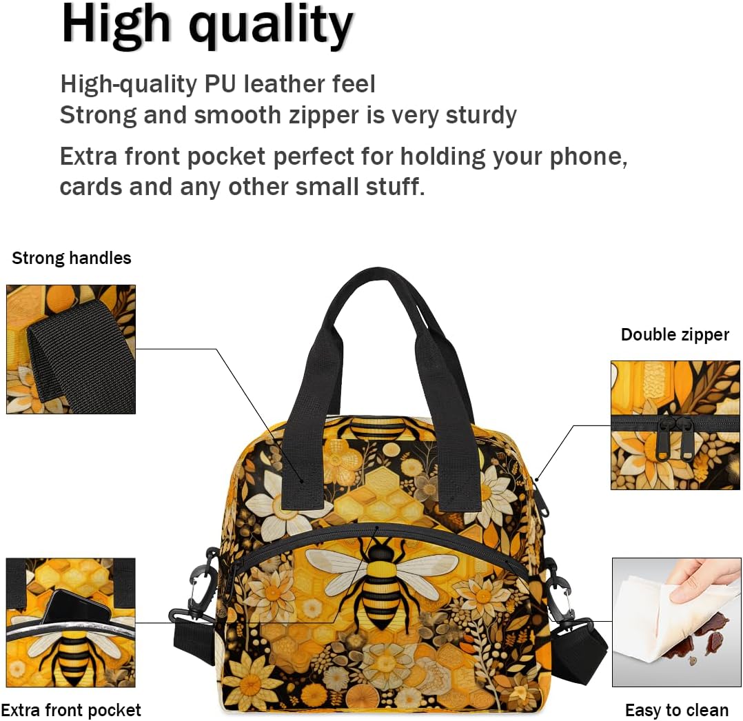 KOBLEN Honey Bee Insulated Lunch Bag for Women Men Reusable Lunch Box Cooler Tote Bag with Adjustable Shoulder Strap Lunch Container for Adult Office Work Picnic Travel Outdoor