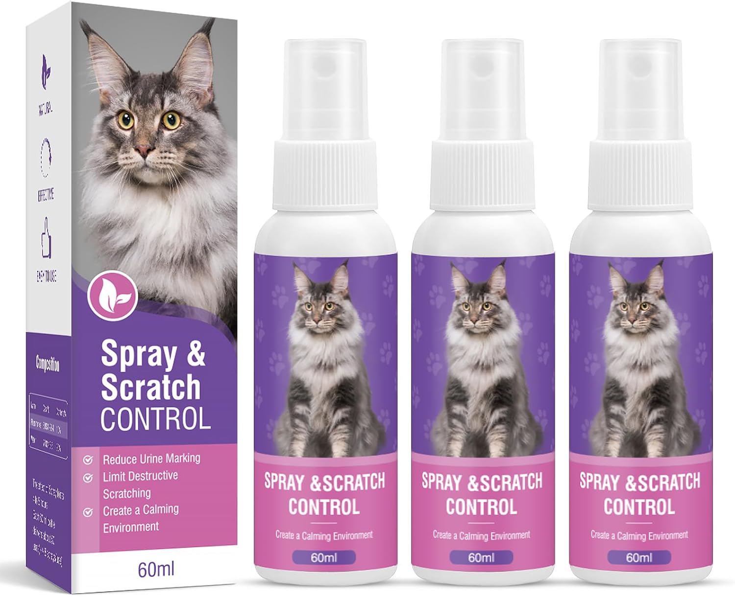 RUAKPL Cat Calming Pheromone Spray 60ML 3-Pack - Reduces Stress, Anxiety, Scratching for Travel & Home