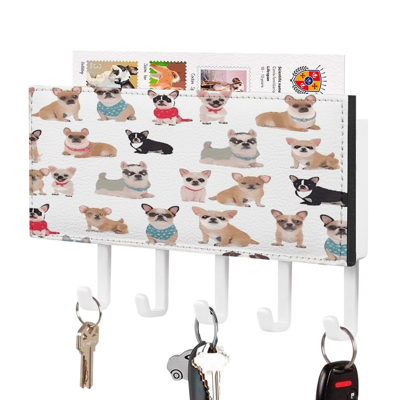 Fekiloot White-Style Cute Chihuahua Pug Pattern Key Holder For Wall Decorative Mail Organizer With 5 Key Hook Self Adhesive Key Rack With Tray Coat Rack Wall Mount Key Hanger Decor For Entryway Door