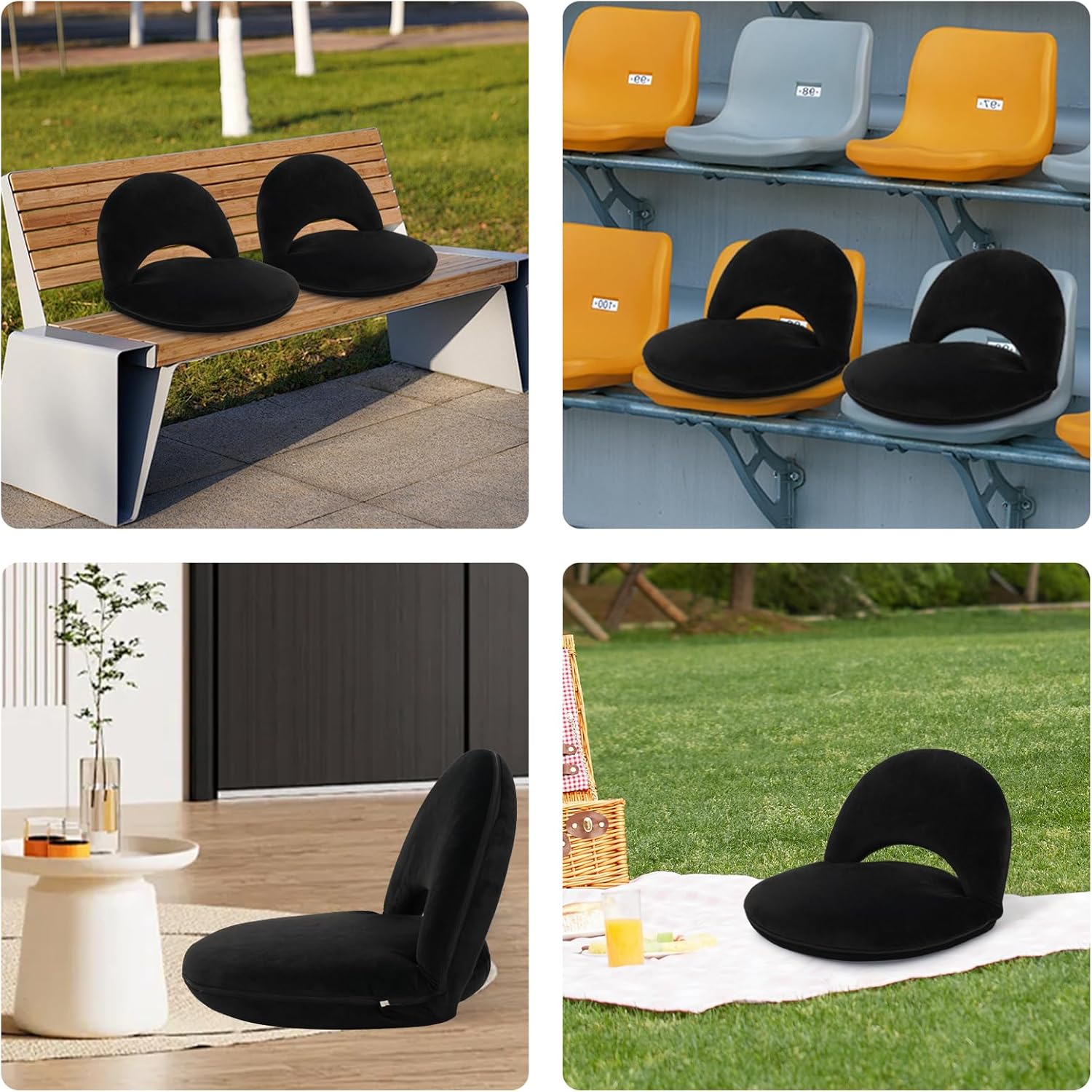 KLASIKA Adjustable Floor Chair with Back Support Foldable Meditation Chair Portable Stadium Seats Recreation Bleacher Seat Versatile Beach Video-Gaming Reading,Black 2Packs