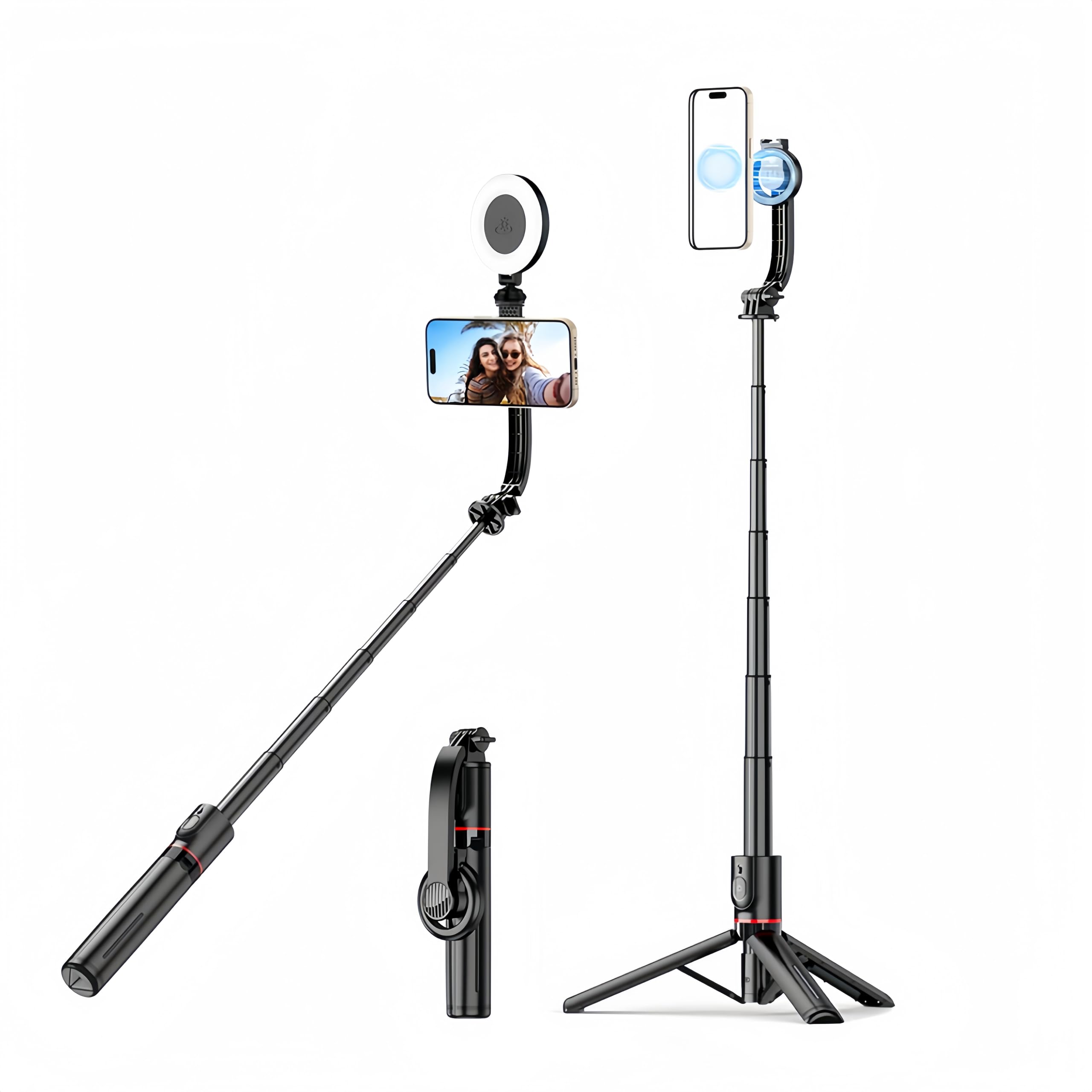 Magnetico Mini Allungabile Selfie Stick Treppiede Del Basamento con Luce di Riempimento Bluetooth Wireless Remote per iPhone 15 14 13 12 & Android