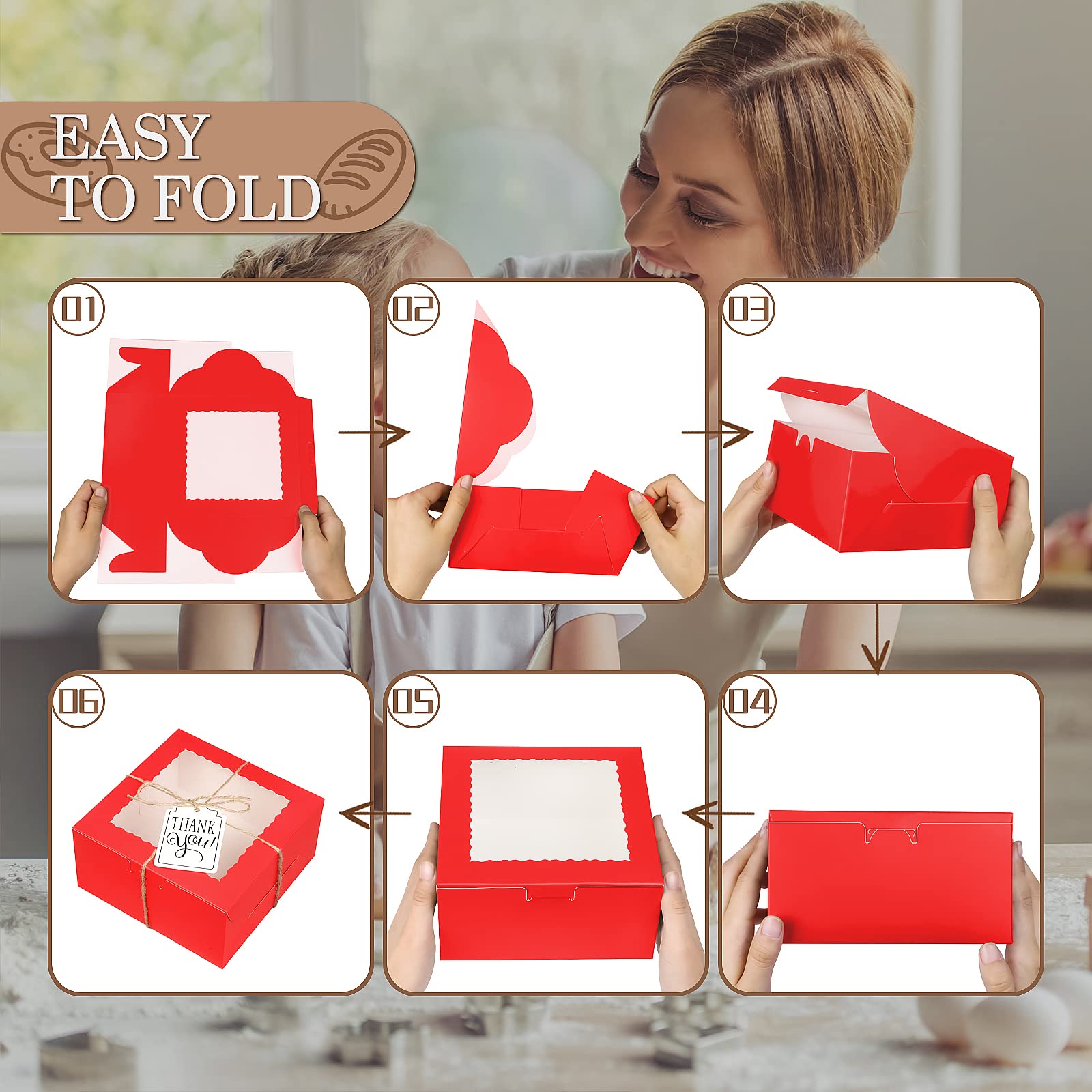 KPOSIYA 65 cajas de panadería con ventana de 6 x 6 x 3 pulgadas, 5 cajas de galletas pequeñas para dulces, postres, pasteles, donas, fiesta de cumpleaños, boda (rojo)