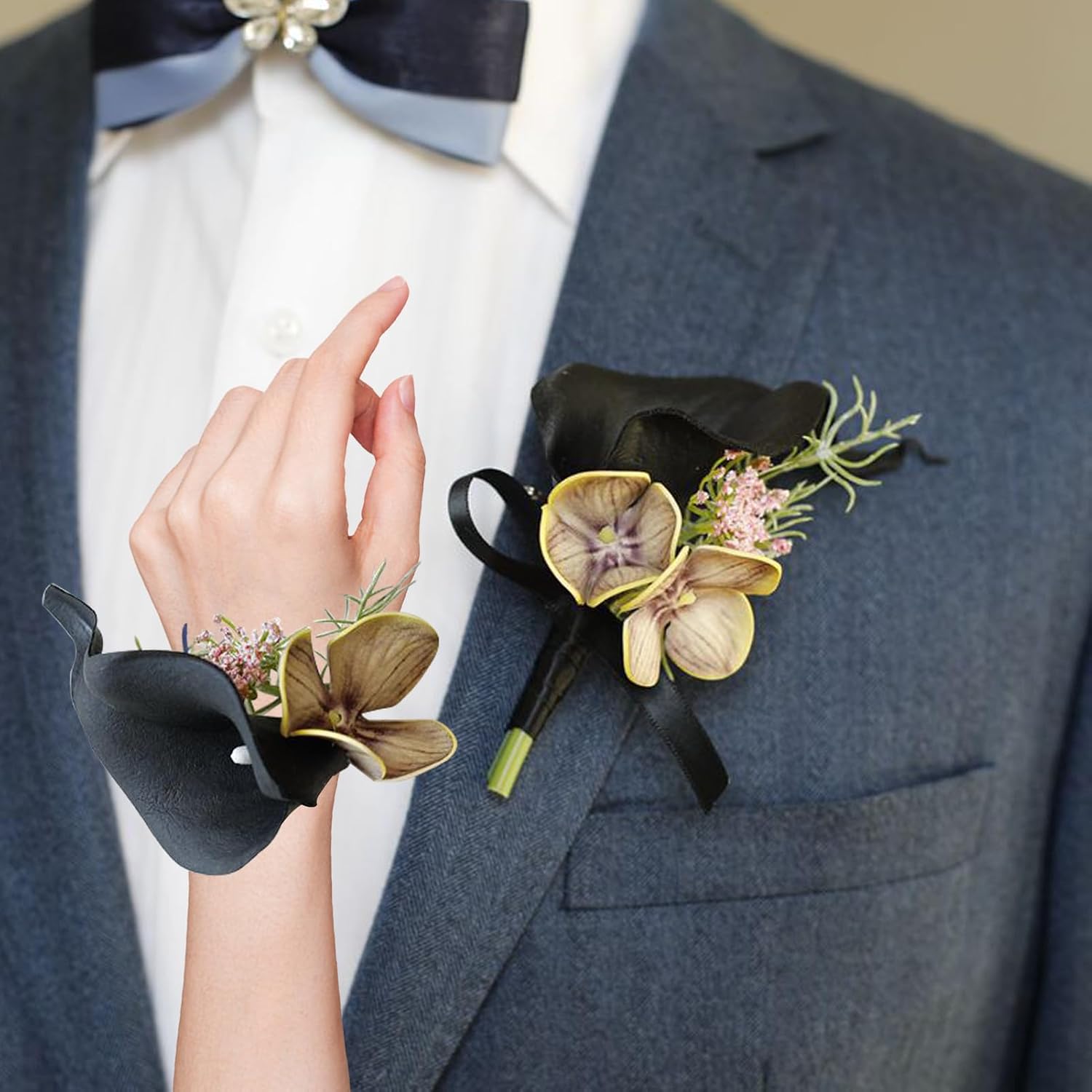 Corsage Wristlet Flowers and Boutonniere for Men Corsage and Boutonniere Set Black Calla Lily Artificial Flowers for Wedding Prom Homecoming