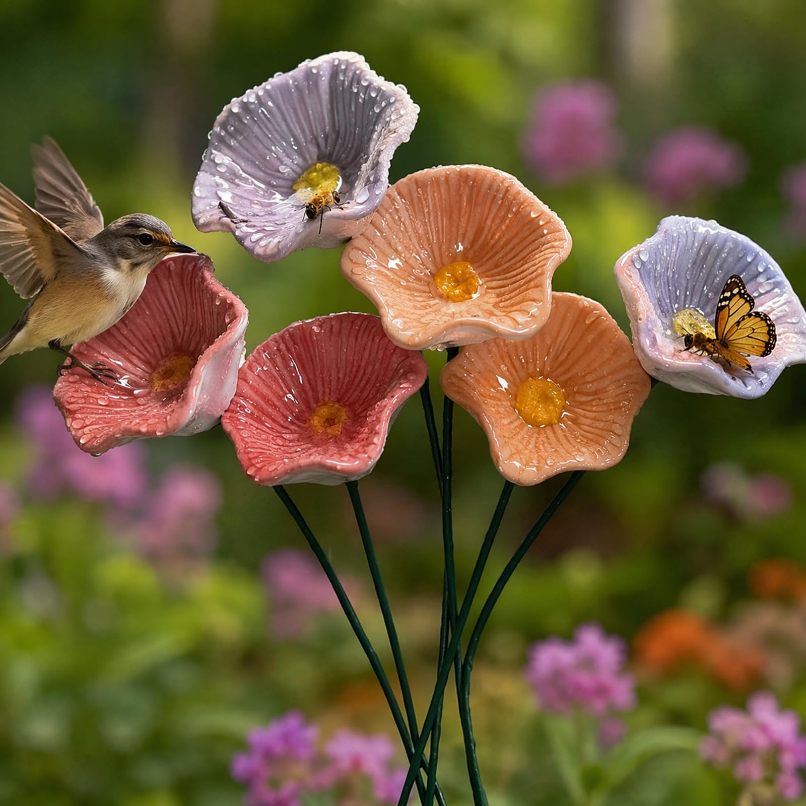 Ceramic Flowers for Bees, Bee Watering Station for Garden, Colorful Flower Bee Water Feeder and Butterfly Bird Bath Small Outdoor Garden Stake Yard Art Decor Gift for Patio Lawn Balcony Pots
