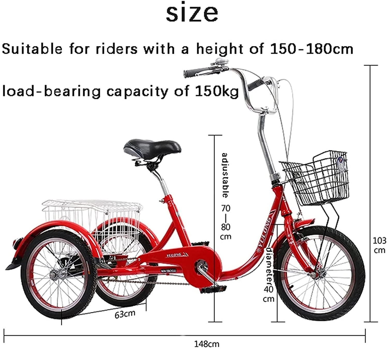 PAGOIAAR Adult Cargo Tricycles Beach Cruiser Bikes Shopping Tricycle for Adult Seniors Women Men Trike 16inch Single Speed Three-Wheeled Bike with Basket Adjustable Seat for Shopping Picnics