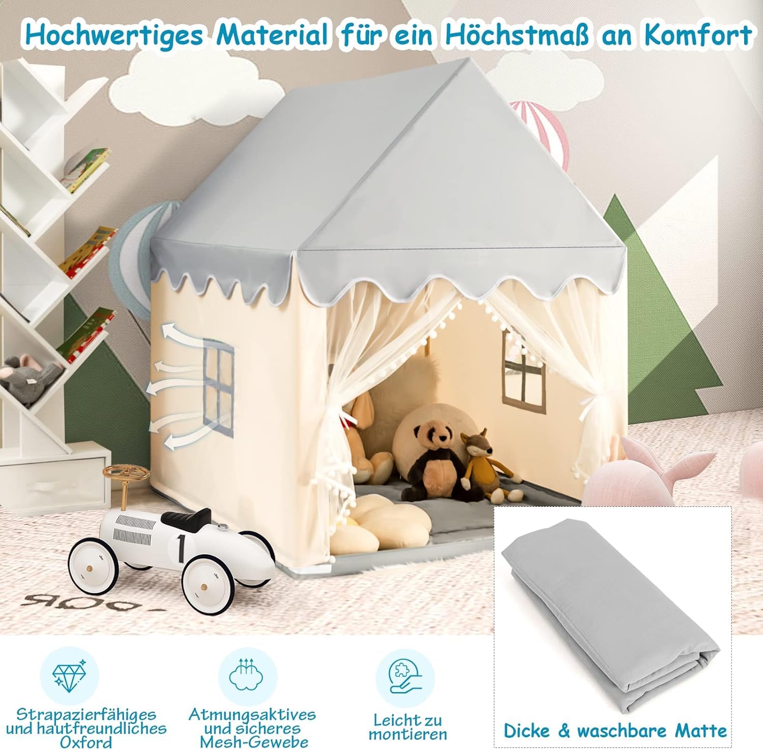 GOPLUS Spielhaus Kinder Indoor, Kinderzelt mit gepolsterter Matte, 2 Fenster, Vorhänge, Hausform Spielzelt für Kleinkinder, Zelt Kinderzimmer mit Holzrahmen für Kinder ab 3 Jahren (Grau+Beige)