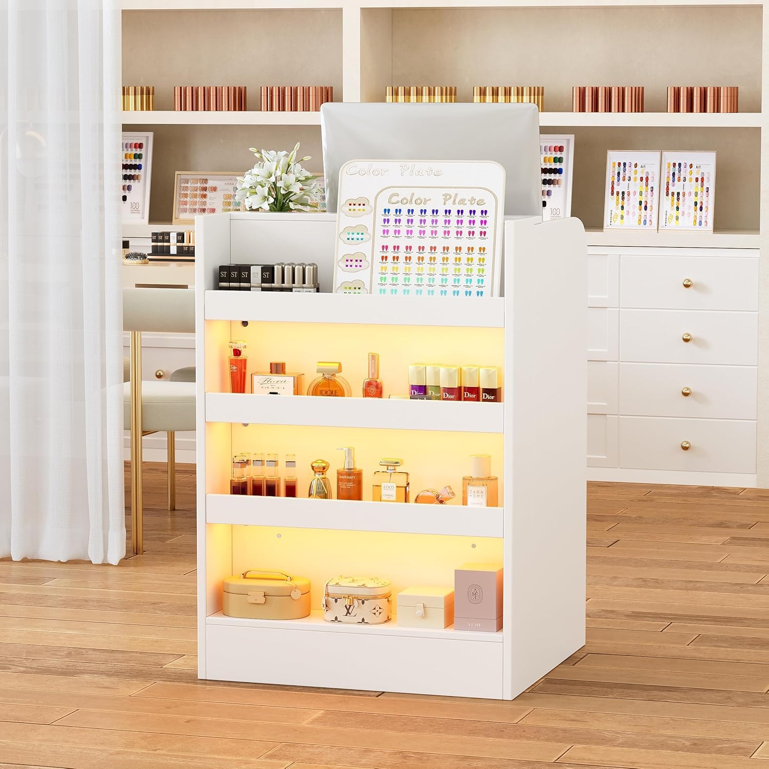 Mostrador de Recepción con Iluminación LED, Cajón con Cerrojo y Estante Exhibidor | Compacto Mostradores para Tiendas Escritorio de Recepción Moderno para Oficina, Tienda o Salón | Blanco | 60x60x95cm