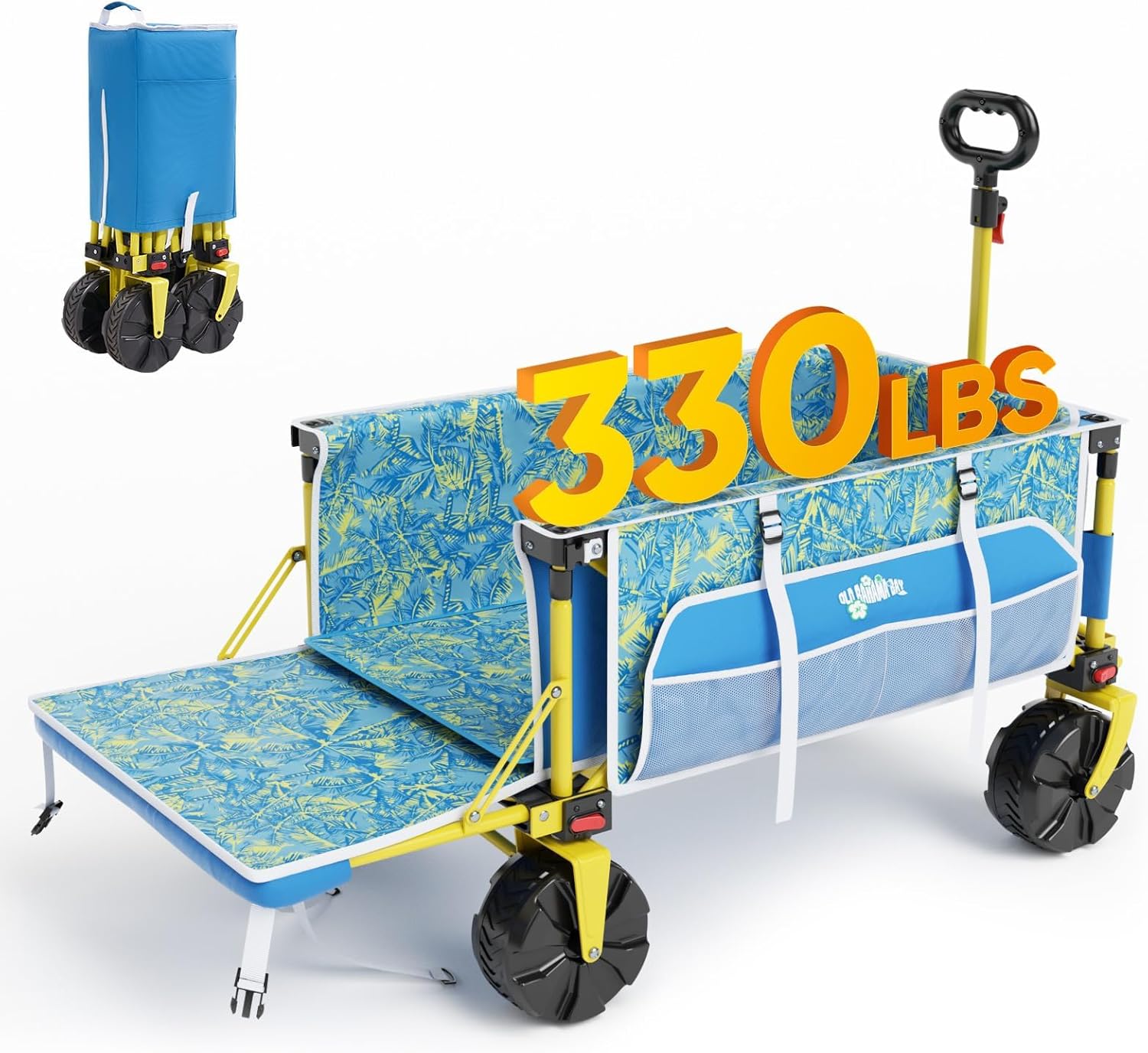 Old Bahama Bay Beach Wagon with Big Wheels for Sand, 330 LBS Heavy Duty Collapsible Beach Cart with Tailgate, Foldable Utility Wagon with Cup Holders & Side Pocket for Camping, Shopping, Garden, Blue