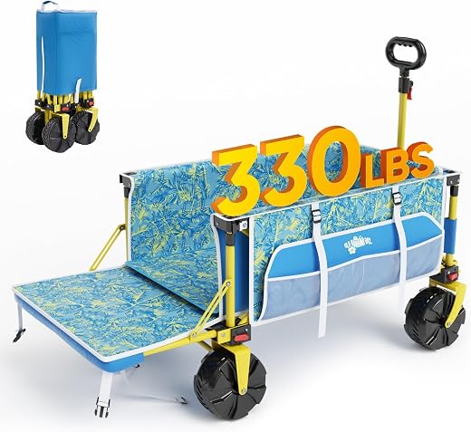 Old Bahama Bay Beach Wagon with Big Wheels for Sand, Heavy Duty 330 LBS Collapsible Beach Cart with Tailgate, Foldable Uti...