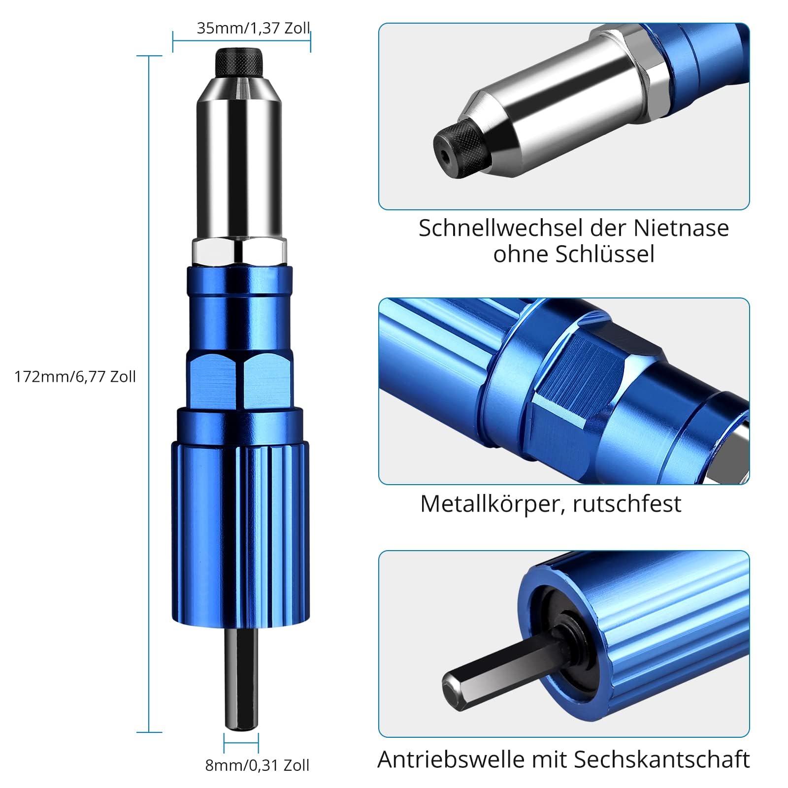 AUTOUTLET Adaptateur de Pistolet à Riveter sans Fil avec Clé pour Le Stockage des Buses avec Poignée 1 Étui Transparent en PVC 80 PCS Rivets 20 par Taille 2,4 3,2 4,0 4,8 mm