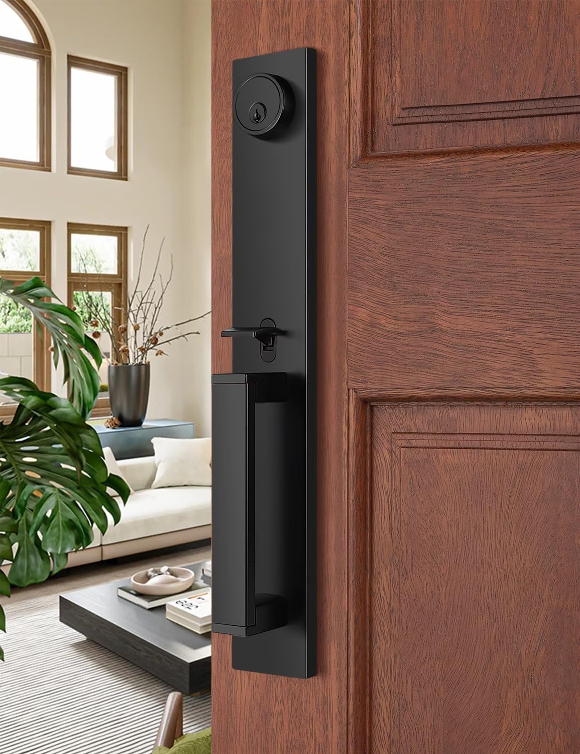 Tinewa Front Door Lock Set, Full Escutcheon Front Door Handle Sets, Heavy Duty Entry Door Lock Sets with 3 Keys, Door Locks with Deadbolt Lever Handle, Black Finish