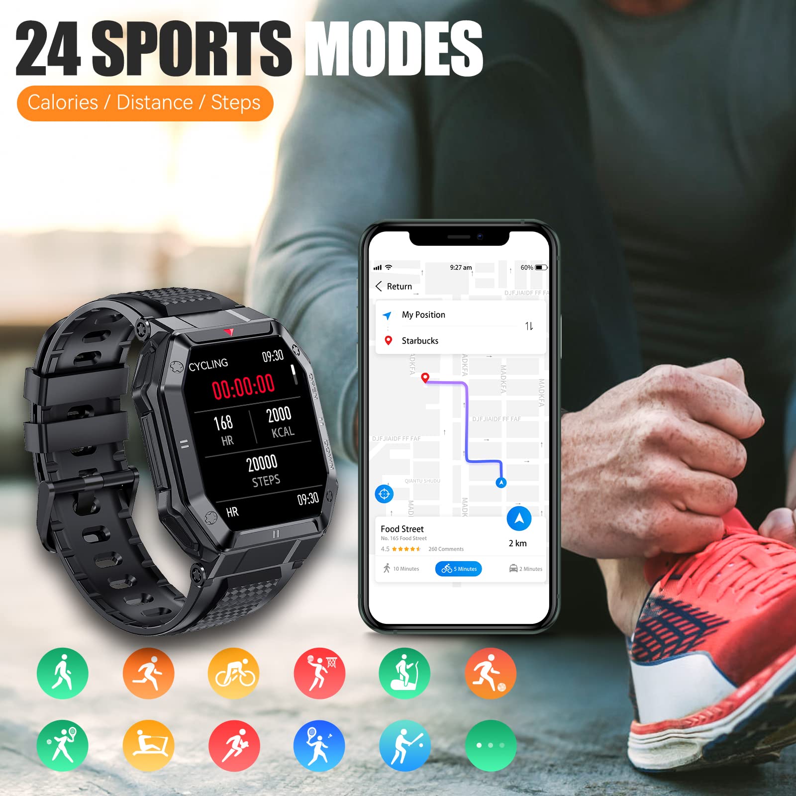 Smartwatch voor heren met telefoonfunctie, 1,85 inch touchscreen 5ATM waterdicht sporthorloge met bloeddrukmeter, hartslag, stappenteller, 24 sportmodi, militair fitnesshorloge voor iOS en Android
