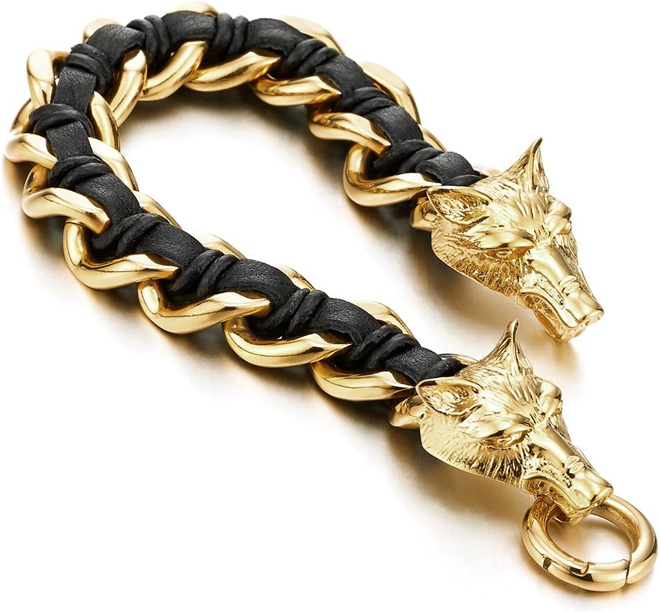 COOLSTEELANDBEYOND Stainless Steel Mens Wolf Head Curb Chain Bracelet Interwoven with Black Genuine Braided Leather
