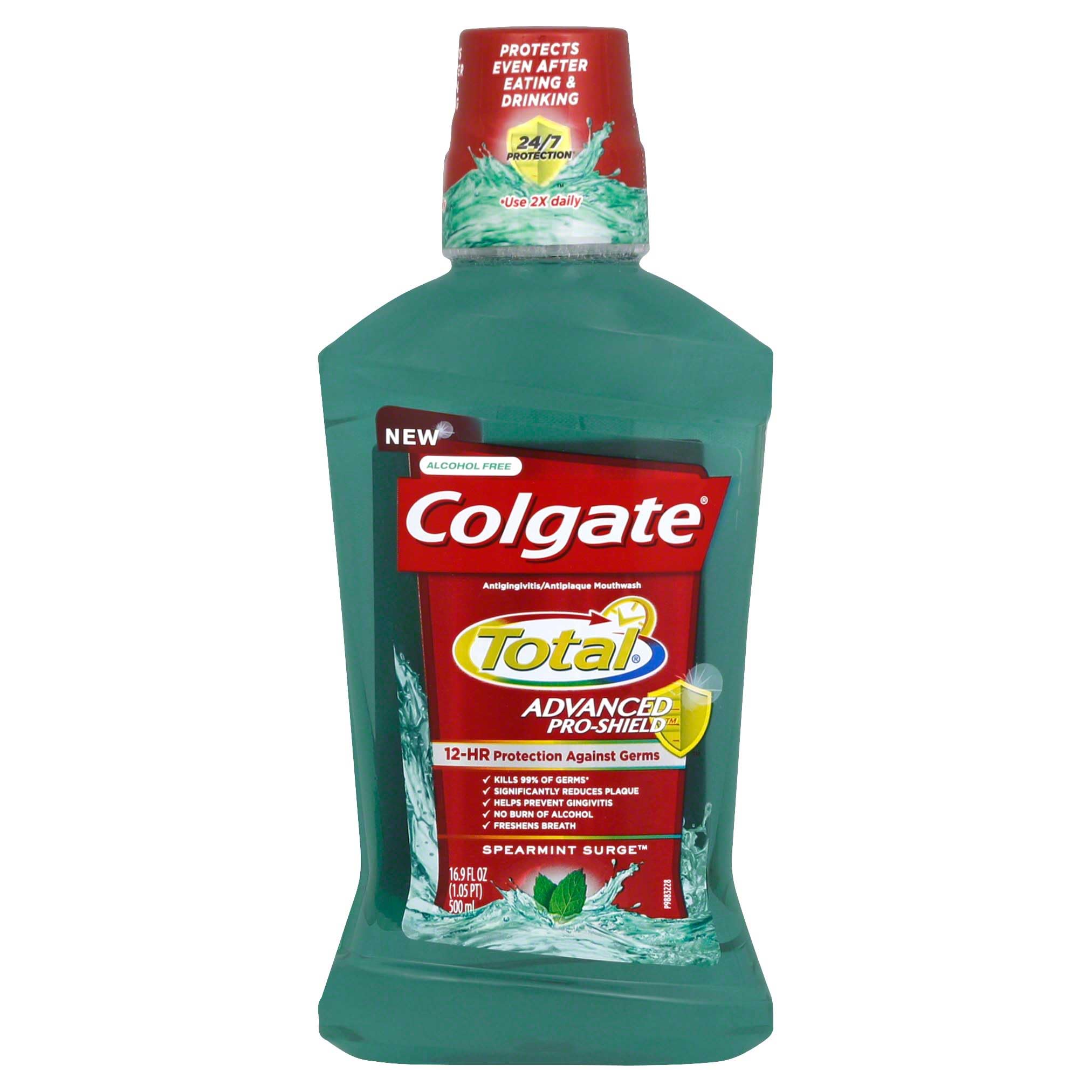 Colgate Total Pro-Shield Alcohol Free Mouthwash, Antibacterial Formula, Spearmint - 500 mL, 16.9 Fluid Ounce