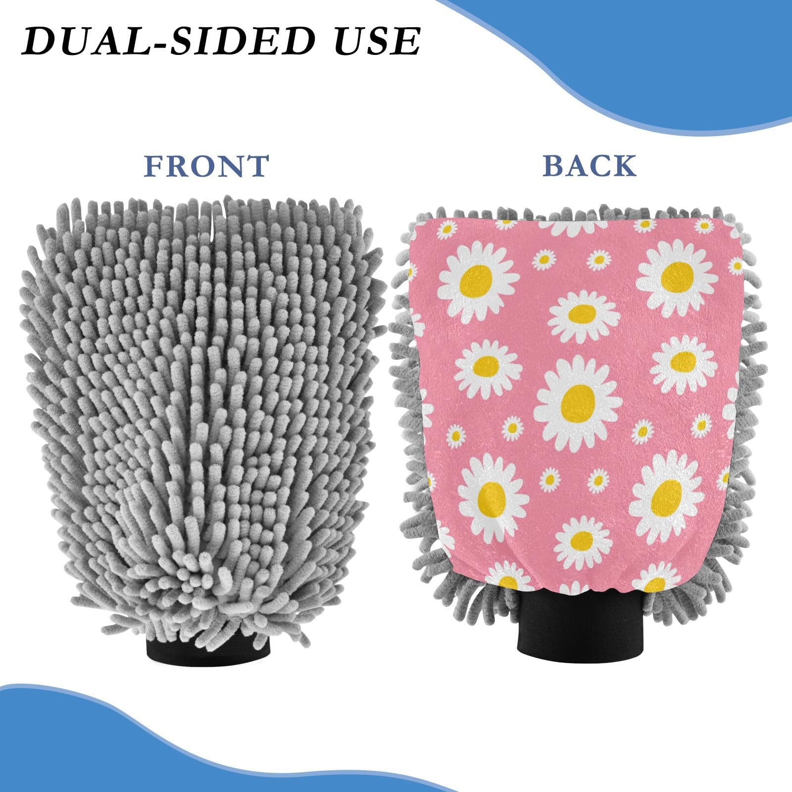 Kigai Cute White Daisy Car Wash Mitt Microfiber, 2Pcs Scratch Free Lint-Free, Premium Chenille Microfiber Mitt Car Wash Brush-L